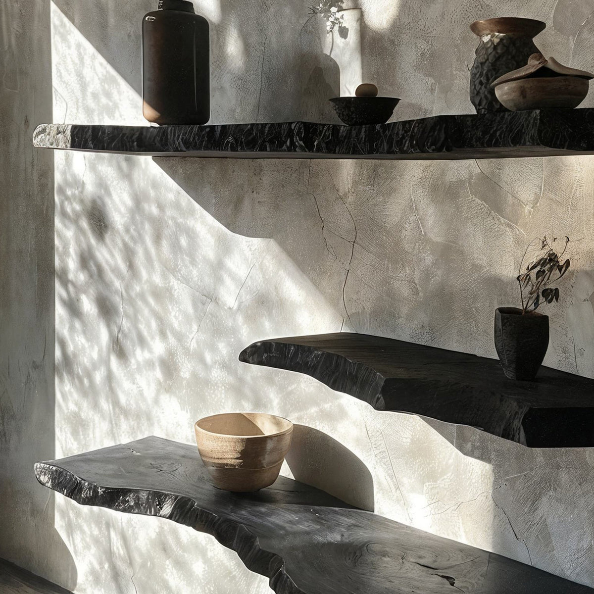 Elara Haus Sculptural Ebony Live Edge Floating Shelves