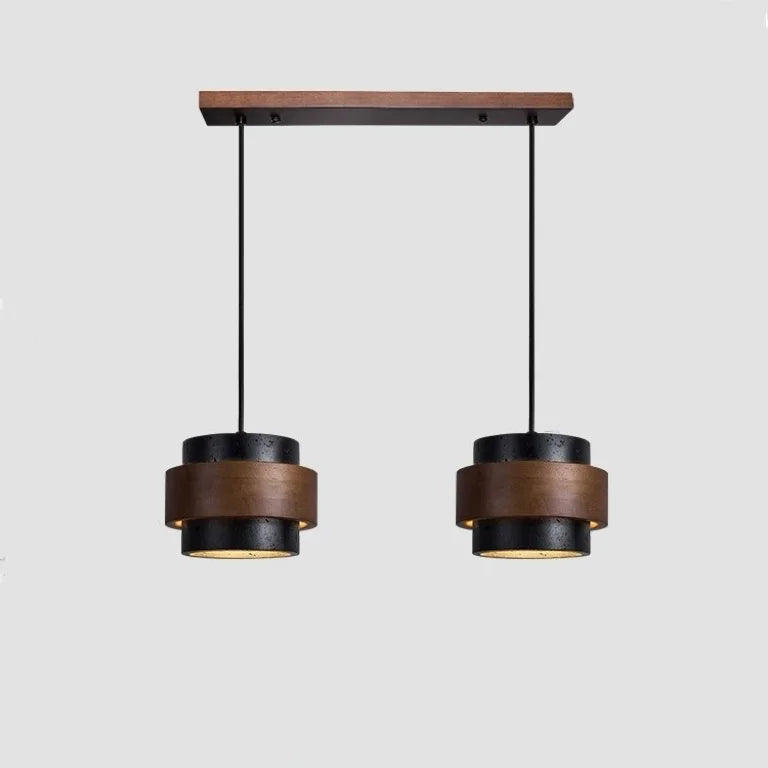 Elara Haus Pitted Stone Pendant Lamp with Concentric Wood Ring Accent