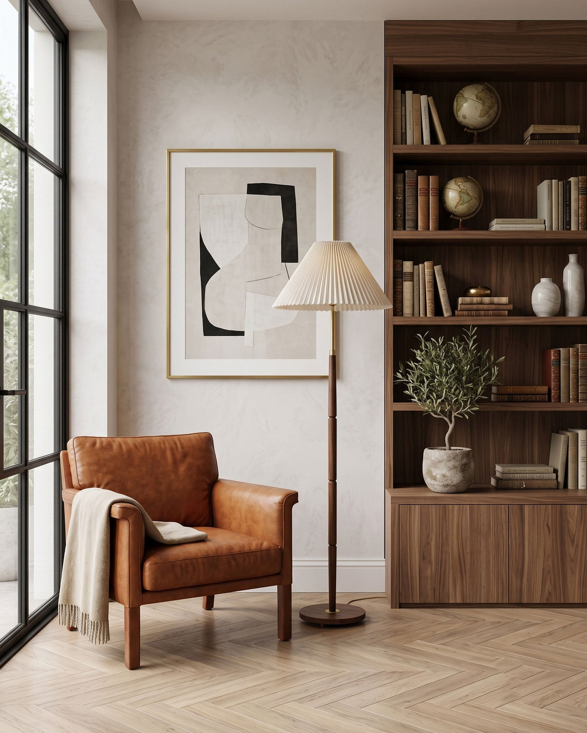 Elara Haus Standing Wood Floor Lamp with Pleated Shade