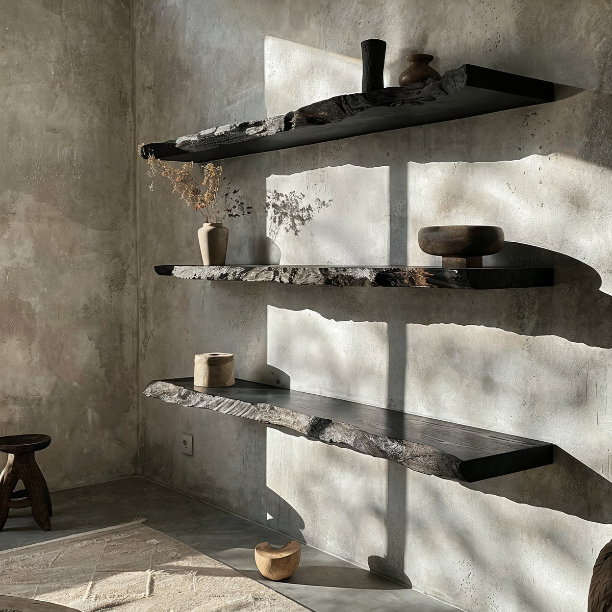 Elara Haus Sculptural Ebony Live Edge Floating Shelves