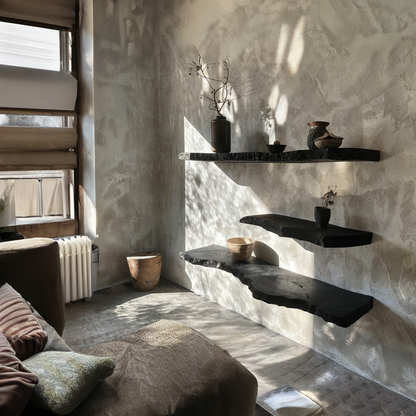 Elara Haus Sculptural Ebony Live Edge Floating Shelves