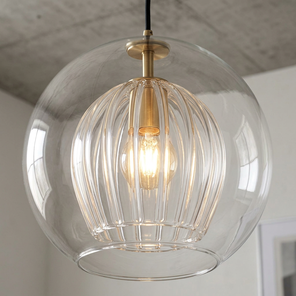 Clear Glass Globe Pendant Light with Ribbed Inner Shade