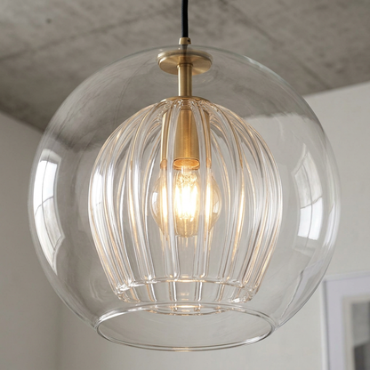Clear Glass Globe Pendant Light with Ribbed Inner Shade
