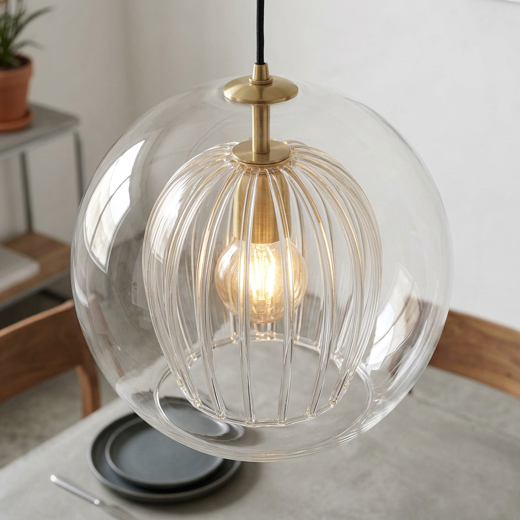 Clear Glass Globe Pendant Light with Ribbed Inner Shade