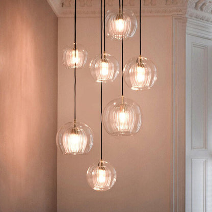 Clear Glass Globe Pendant Light with Ribbed Inner Shade