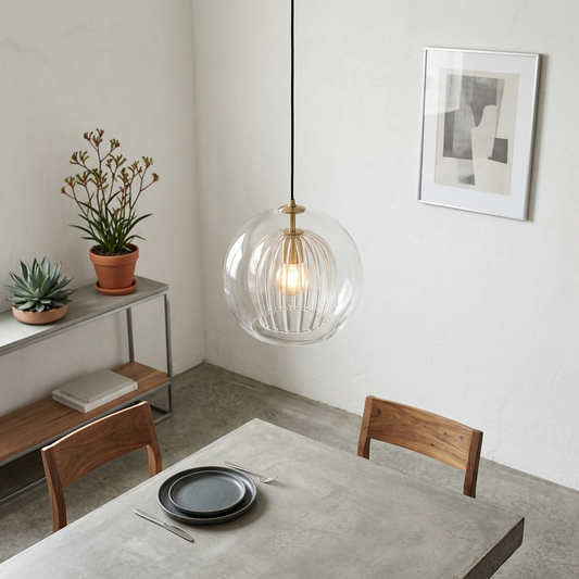 Clear Glass Globe Pendant Light with Ribbed Inner Shade