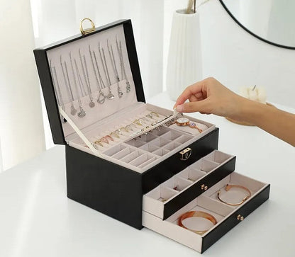 Elara Haus 3-Tier Quilted Jewellery Box with Lock & Key
