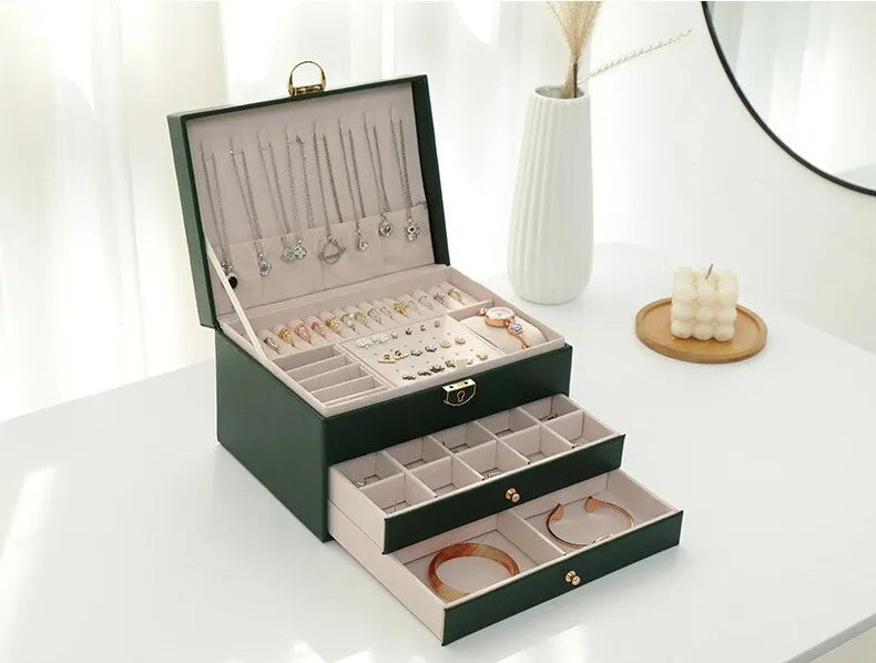 Elara Haus 3-Tier Quilted Jewellery Box with Lock & Key
