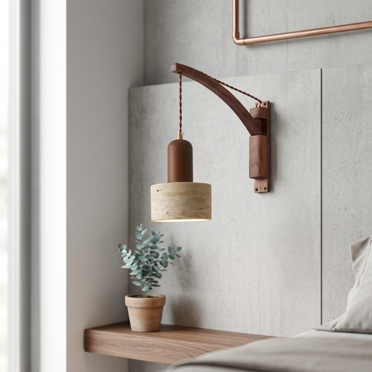 Elara Haus Curved Arm Wall Sconce with Hanging Cylindrical Pendant Light