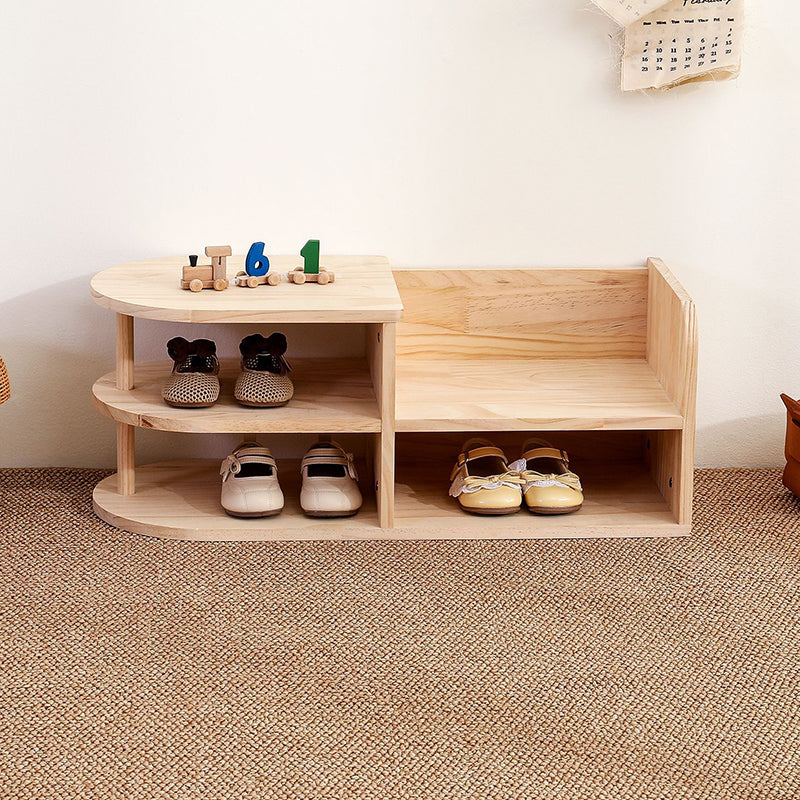 Traditional Japanese Pine Wood Curved Square Kids Shoe Rack With 2-Tier For Living Room 0