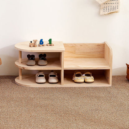 Traditional Japanese Pine Wood Curved Square Kids Shoe Rack With 2-Tier For Living Room 0