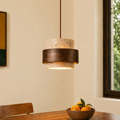 Orvina Wabi-Sabi Natural Travertine Cylinder Pendant Light - Japandi Stone Kitchen Island 0