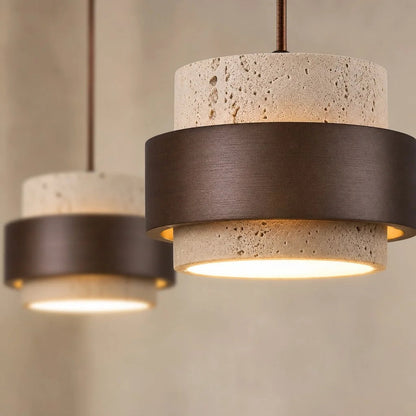 Elara Haus Pitted Stone Pendant Lamp with Concentric Wood Ring Accent