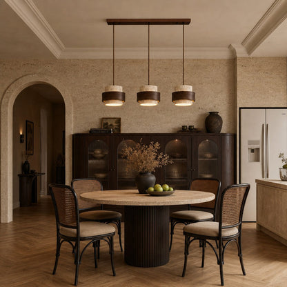 Elara Haus Pitted Stone Pendant Lamp with Concentric Wood Ring Accent
