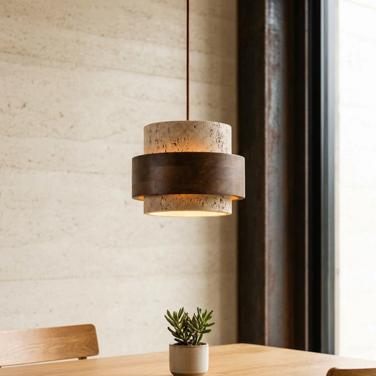 Elara Haus Pitted Stone Pendant Lamp with Concentric Wood Ring Accent