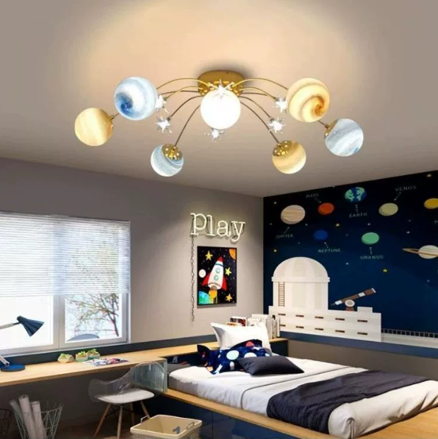 Contemporary Nordic Kids Iron Glass Ball Earth Planet 13-Light Semi-Flush Mount Ceiling Light For Bedroom 0