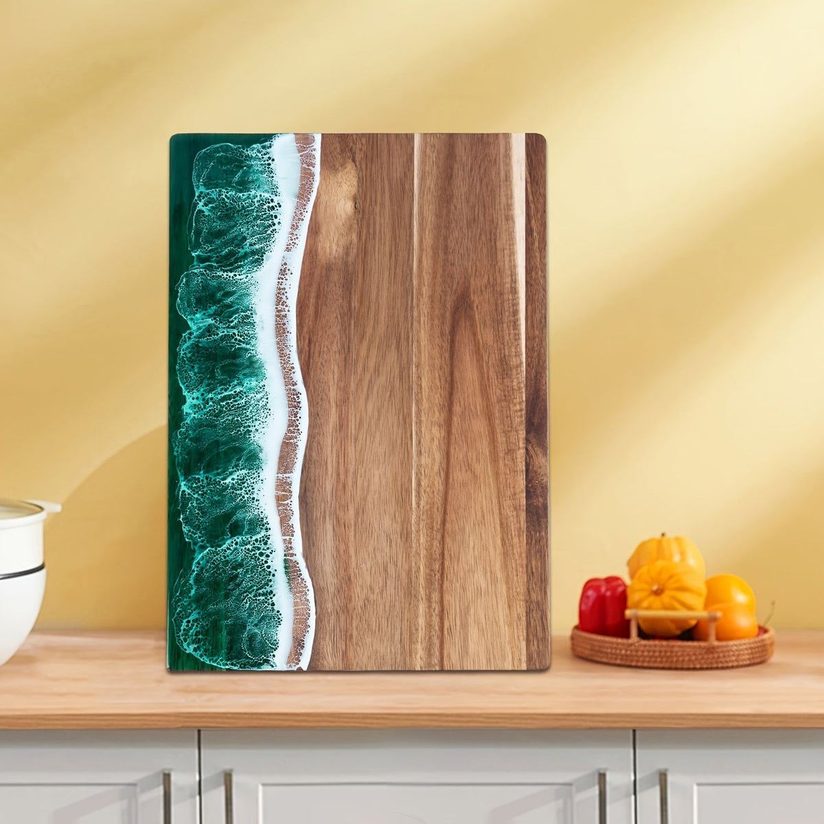 Elara Haus Rectangular Wood Serving Board with Resin Wave Art