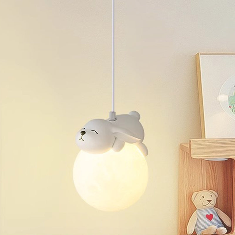 Modern Minimalist Cartoon Kids Moon Cute Animal Bear Rabbit Dog Elephant Sheep Resin Hardware PE 1-Light Pendant Light For Bedroom 6