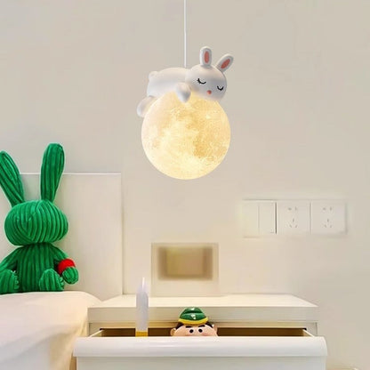 Modern Minimalist Cartoon Kids Moon Cute Animal Bear Rabbit Dog Elephant Sheep Resin Hardware PE 1-Light Pendant Light For Bedroom 9