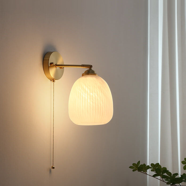Contemporary Nordic Striped White Glass Brass 1-Light Pull Cord Wall Sconce Lamp For Bedroom 9