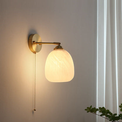 Contemporary Nordic Striped White Glass Brass 1-Light Pull Cord Wall Sconce Lamp For Bedroom 9