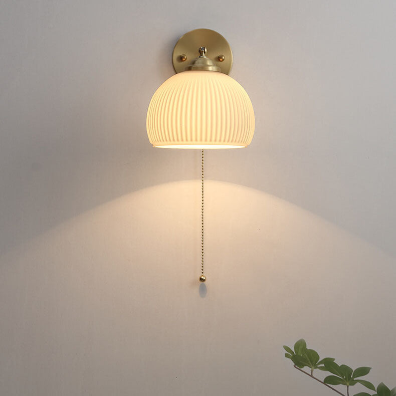 Contemporary Nordic Striped White Glass Brass 1-Light Pull Cord Wall Sconce Lamp For Bedroom 0