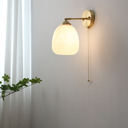 Contemporary Nordic Striped White Glass Brass 1-Light Pull Cord Wall Sconce Lamp For Bedroom 1