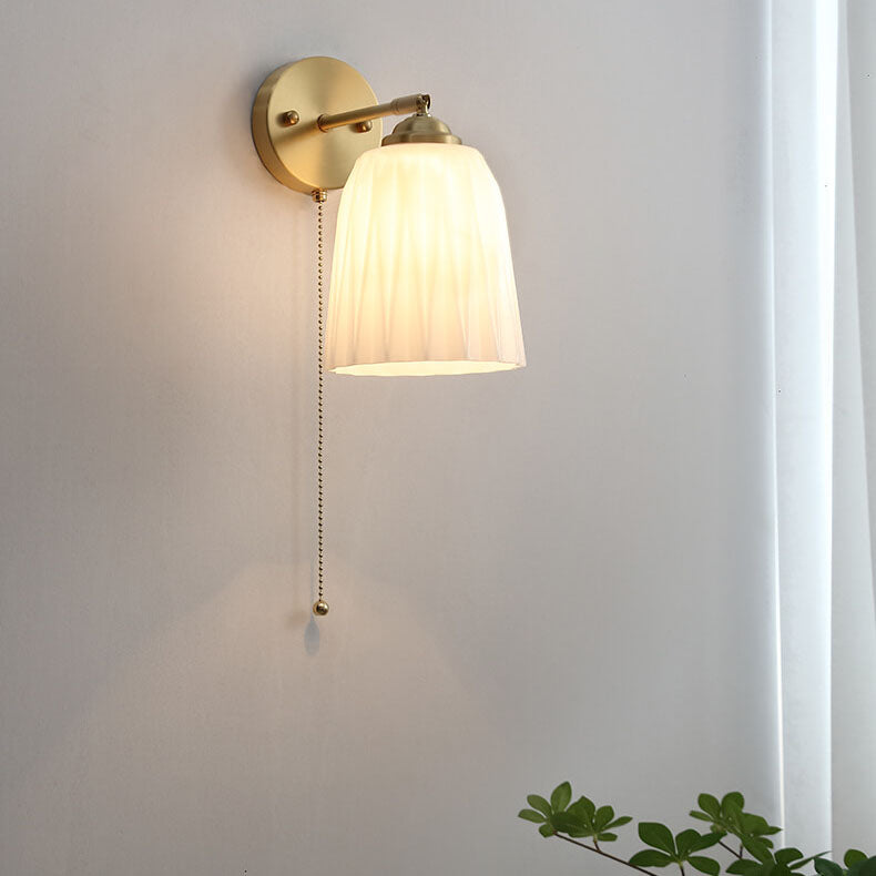 Contemporary Nordic Striped White Glass Brass 1-Light Pull Cord Wall Sconce Lamp For Bedroom 2
