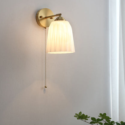 Contemporary Nordic Striped White Glass Brass 1-Light Pull Cord Wall Sconce Lamp For Bedroom 2
