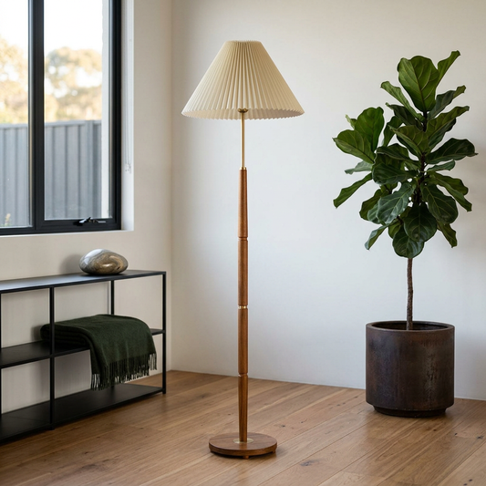 Elara Haus Standing Wood Floor Lamp with Pleated Shade