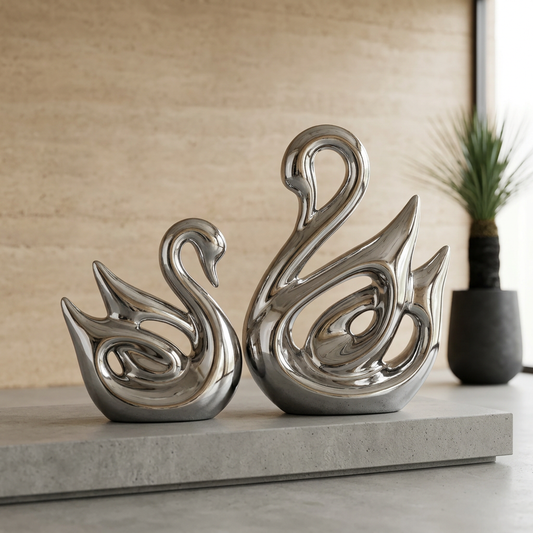 Elara Haus High-Quality Silver Swan Couple Sculpture - Symbolic Home Decor