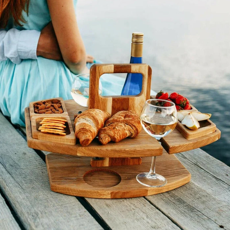 Elara Haus Portable Wooden Wine & Picnic Table with Carry Handle